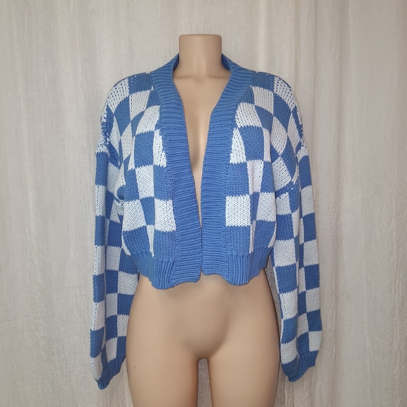 Blue Blush Blue and White Checkered Cardigan Women Size L - Picture 3 of 16